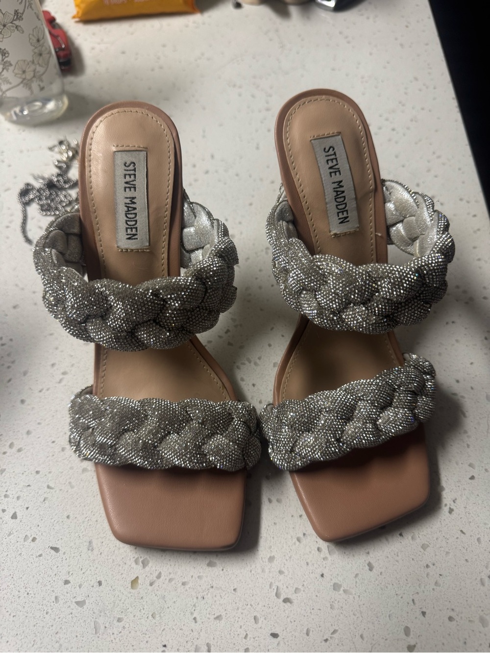 Steve Madden Silver Braided Two-Strap Slide Heels